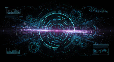Fototapeta premium Digital Frontier: A futuristic interface pulses with energy, holographic displays and data streams dance in the darkness, embodying innovation, technological advancement.