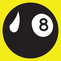An iconic black 8-ball billiards design with a stylized white tear-drop shape on a vibrant yellow background. Simple, bold, and graphic