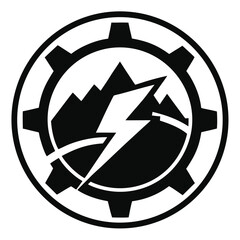 Black mountain lightning bolt within a gear emblem logo cogwheel