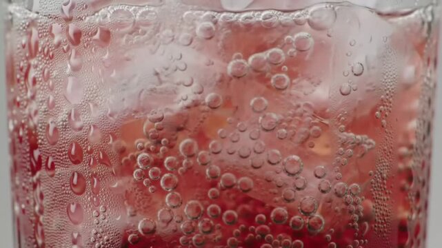 Bubbles fizzing inside red soda drink close-up