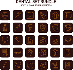 Diverse dental care icon set, vector bundle for comprehensive oral health solutions, featuring soft UI design elements