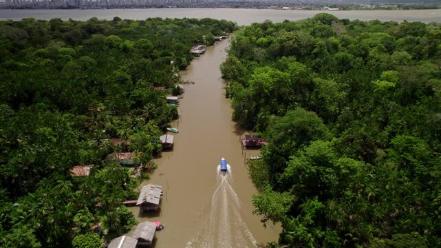 Aerial view of an Amazon River in Bel&eacute;m do Par&aacute; | Drone shot of an amazon rainforest city
