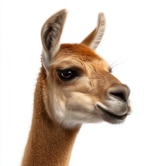Obraz premium Elegant brown llama portrait with alert ears and gentle expression against clean white background, perfect for wildlife conservation or South American tourism