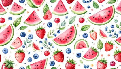 Watercolor fruit pattern of watermelon, strawberries, blueberries, and cherries