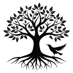 Black tree with spreading branches and roots with a bird nature leaves