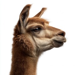Obraz premium Majestic brown llama profile portrait with alert ears against white background, showing detailed facial features and soft fur texture, perfect for wildlife conservation advertising