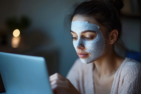 Woman with a face mask uses a laptop at night, enjoying self-care and technology.