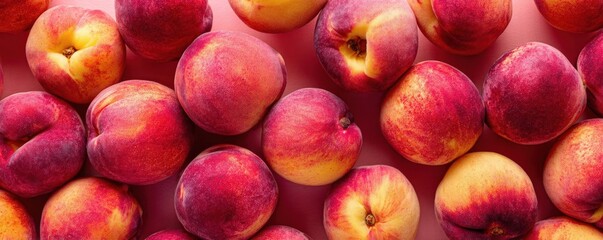Top view of fresh peonies and ripe peaches on a vibrant peach-colored background, creating a summery, organic pattern for banner or poster design.