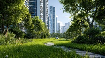 3D illustration of a lush green lawn and walking path with modern apartment buildings and city skyline in the background, highlighting a peaceful urban park setting.