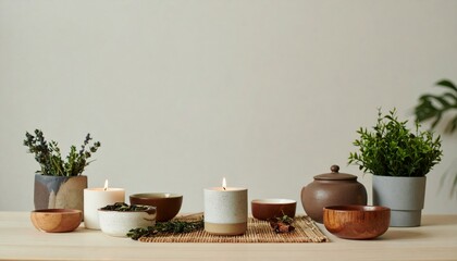 Earthy Still Life of Candles Plants and Pots in Neutral Tones on a Wooden Table