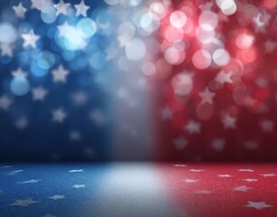 Patriotic red, white, and blue background with stars and stripes, bright bokeh lights, and empty center space for text or logo. Celebratory USA national holiday theme.
