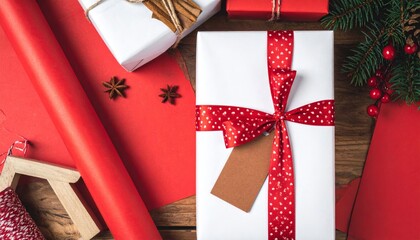 Top View of Wrapped Christmas Presents with Red Ribbon and Decorations on Wooden Surface