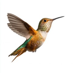 Fototapeta premium Graceful hummingbird in mid-flight with vibrant orange, green and white feathers against clean white background, showcasing detailed plumage and long beak in wildlife photography free copy space