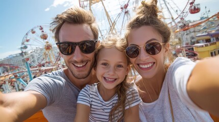 Happy family enjoying a sunny day at an amusement park, laughing on a roller coaster and taking a selfie together on the Ferris wheel. A joyful vacation moment captured.