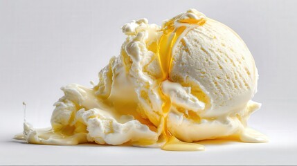 Melting vanilla ice cream drips onto a white surface, showcasing its creamy texture and soft hues, illuminated by harsh lighting for dramatic effect.