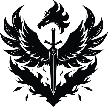 Fierce eagle head with flaming wings and sword emblem fire flames