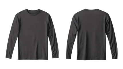 Plain dark gray long sleeve t-shirt mockup front and back view on transparent background