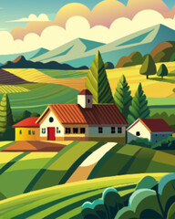 Colorful Vector Landscape of a Countryside Farm with Mountains and Fields