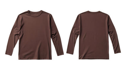 Plain brown long sleeve t-shirt mockup front and back view on transparent background