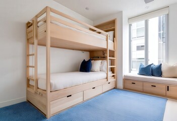 A modern wooden bunk bed with storage in a children's room, featuring light colors, white walls, a blue carpet, and natural light from a side window.