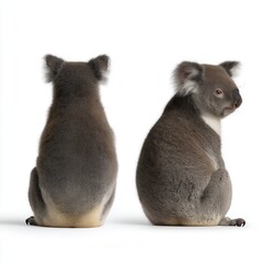 Obraz premium Adorable young koala bears sitting back-to-back on white background, one looking sideways showing profile view of Australian marsupial wildlife conservation image with free copy space