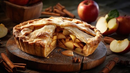 Close-up of a delicious apple pie with a slice removed, surrounded by fresh apples and cinnamon sticks, set against a warm, rustic kitchen backdrop.