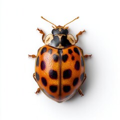 Fototapeta premium Detailed orange ladybug beetle with black spots photographed from above on clean white background, showing intricate anatomy and distinctive markings in scientific macro photography