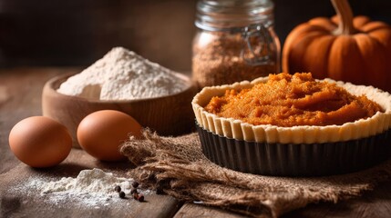 Pumpkin pie preparations with pureed pumpkin and eggs beside an empty tart crust on a kitchen counter, featuring a warm autumn color palette and soft focus background.