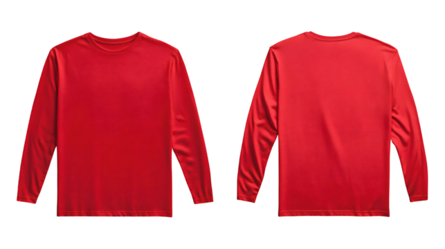 Plain dark red long sleeve t-shirt mockup front and back view on transparent background