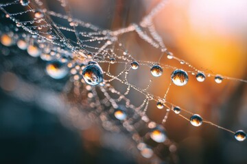 Abstract background featuring water droplets on a delicate spider web, illuminated by morning light, showcasing nature's beauty and intricate details in a soft, blurred setting.