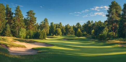 A scenic golf course featuring a sand trap and lush green, surrounded by tall pine trees, showcasing a beautiful landscape ideal for outdoor sports and leisure activities.