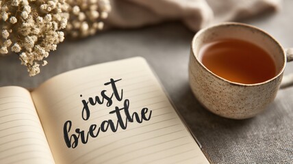 Open notebook with handwritten phrase just breathe, surrounded by dried flowers and a cup of tea, creating a calming and serene atmosphere for mindfulness and relaxation