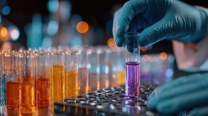A scientist in blue rubber gloves holds a vial amid colorful test tubes, illuminated with vibrant orange and violet lighting, emphasizing a dynamic laboratory environment.