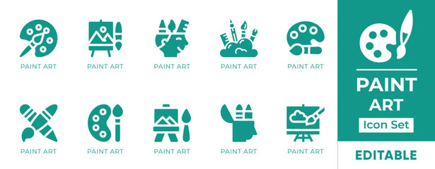 Paint Art Icon Set. Includes icons of brushes, palettes, canvas, easels, paints, and tools. Perfect for artists, design apps, creative projects, and galleries.