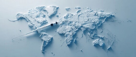 3D world map with a syringe on a white background, depicting global health themes and vaccination efforts. Flat lay perspective emphasizing worldwide connectivity and care.