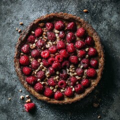 Top view of a rustic crust pie filled with fresh, red raspberries and topped with nuts, set against a grey background, showcasing its delicious appeal.