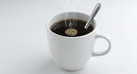 White Coffee Mug Filled with Hot Black Coffee and Silver Spoon on White Background