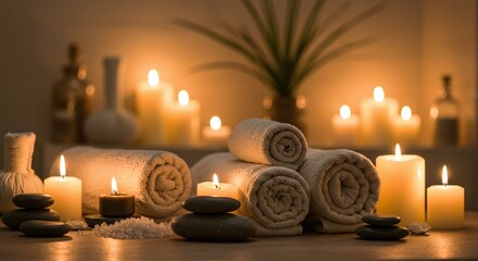 Relaxing Spa Room with Rolled Towels and Candlelit Atmosphere