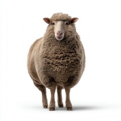 Naklejka premium Calm woolly sheep standing directly facing camera on white background with full fleece for livestock farming, textile industry, or agricultural advertising