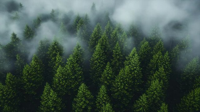Misty evergreen forest viewed from above, showcasing dense, lush trees enveloped in fog