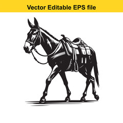 Fototapeta premium Angular Line Art of a Mule – Hybrid Vigor and Sturdy Stance with Packed Saddlebags Detail
