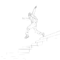 Fototapeta premium A person leaping down a staircase with arms outstretched in a dynamic line drawing style illustration