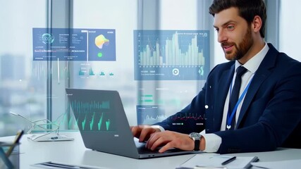 Businessman Analyzing Financial Data on Laptop in Modern Office with Digital Charts - Powered by Adobe