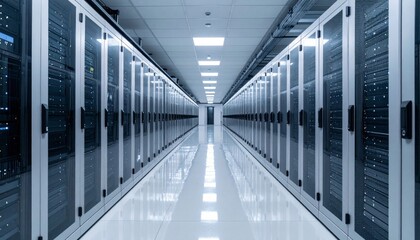 Server Room Featuring Rows of Computer Racks in Data Center with Blue Light