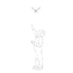 Obraz premium A boy points up at a drone in the sky with a remote control in his hand in a black and white sketch