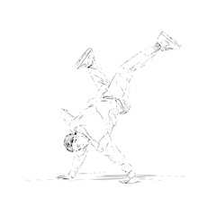 Fototapeta premium Illustration of a breakdancer performing a handstand with legs in the air on a white background