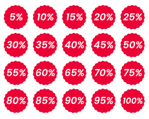 Red circular starburst shape discount badge pack, white on red, minimalist design, sale icon discount badge promotional graphics vector illustration 10% 20% 30% 40% 50% 50% 60% 70% 80% 90% 100% free