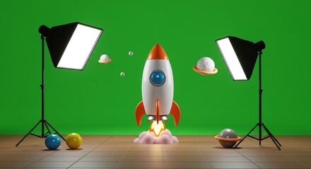 Rocket Model with Planet Spheres and Studio Lighting on Green Screen Background
