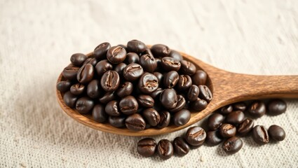 Fototapeta premium Close up of dark roasted coffee beans piled high in a wooden spoon on a textured fabric surface