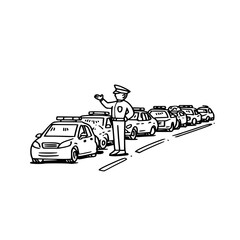 A police officer directing traffic with a line of police cars waiting on the road in black and white